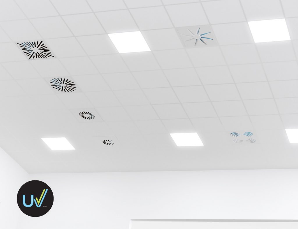 Plafond avec les différents modèles de diffuseurs UV disponibles afin de prévenir la propagation de la COVID-19 dans les édifices à bureaux