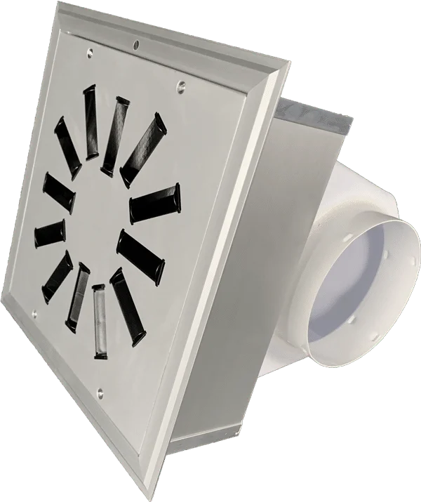 AXO-HEPA 330 - High induction diffuser with HEPA filter and removable face in anodized aluminum finish with black induction vanes, also showing airtight white polystyrene plenum in the back.