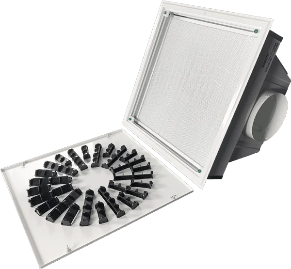 AXO-HEPA 538 powder coated white with opened face to access the HEPA filter.