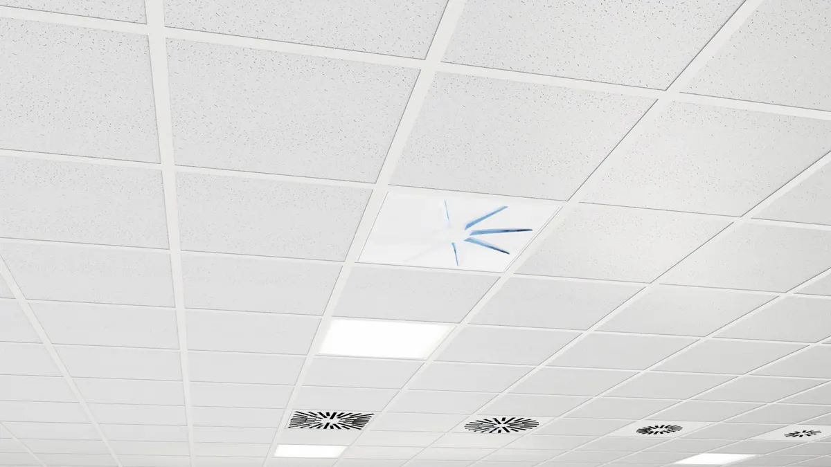 OTO-UV Architectural Swirl UV Diffuser Installed in Office Ceiling with High Induction Diffusers in Background