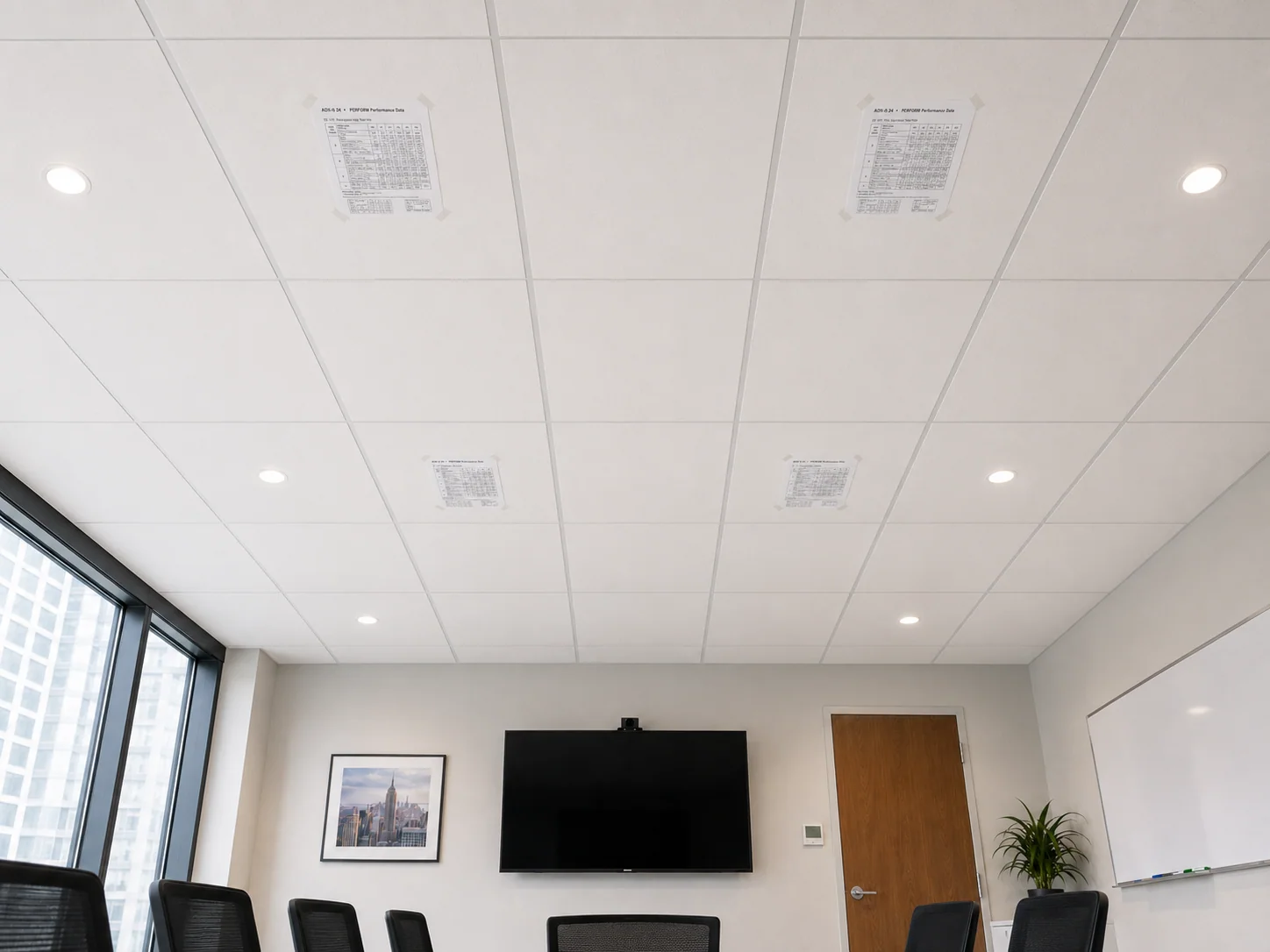 Meeting room with performance datasheets taped to the ceiling where the diffusers should be